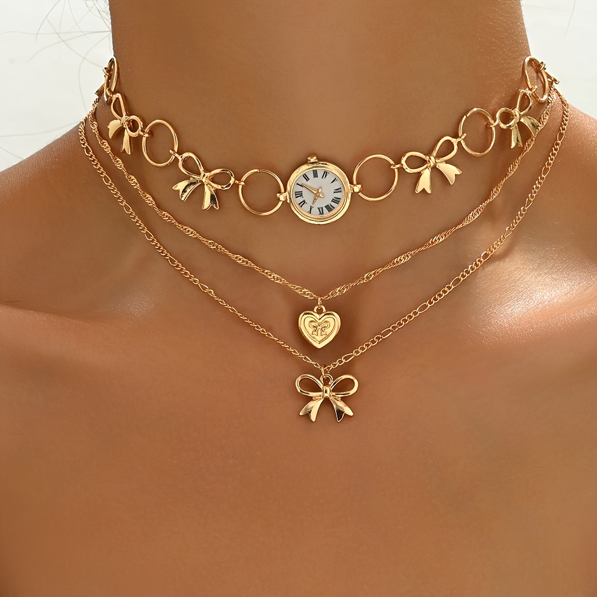 Image of 1pc Women's Necklace With Heart, Love, Bow, Ribbon, And Clock Pendants, Golden Vintage Style, And Fashionable For Daily Wear, Valentine's Day Gift
