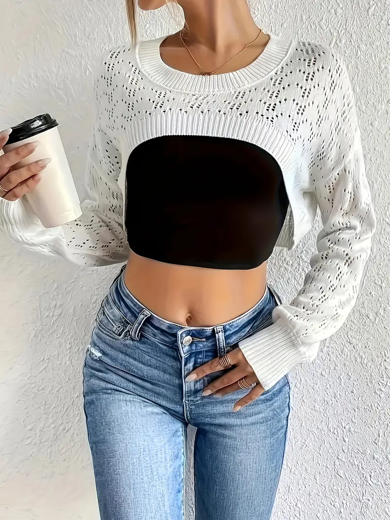Crochet Knitted Crop Top Long Sleeve Vacation Casual Top - Temu
