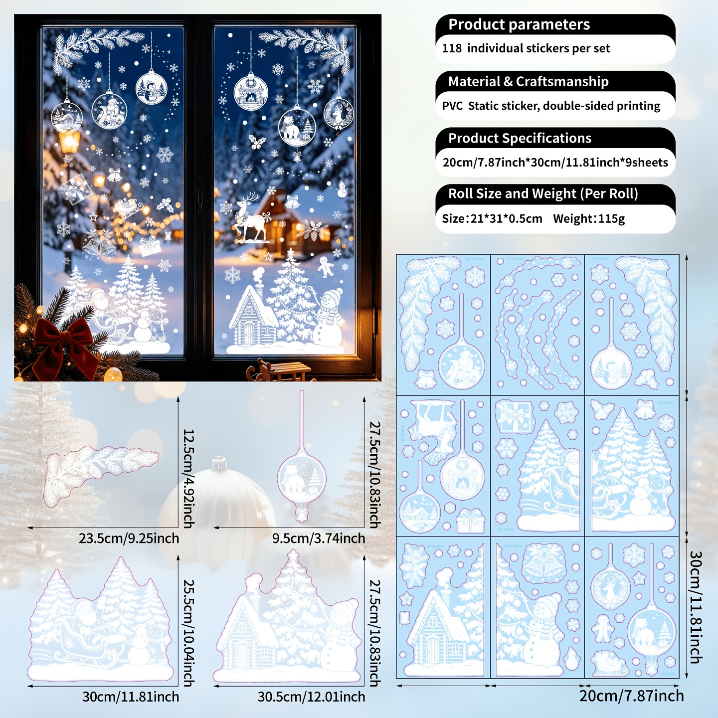 TEMU 9 Feuilles/118 Pièces d'Autocollants de Fenêtre de Noël, Faciles à Poser et à Décoller, Résidu, Décalcomanies Statiques pour Vitre - Incluant