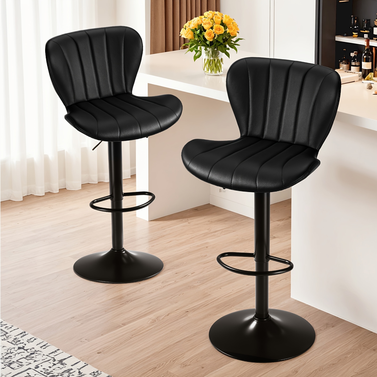 Image of 2pcs Set Of Bar Stools With Padded Faux Leather Seats, Adjustable Height And Swivel, Counter Stools, Dining Chairs, High Stools, 109 X 51 X 46 Cm