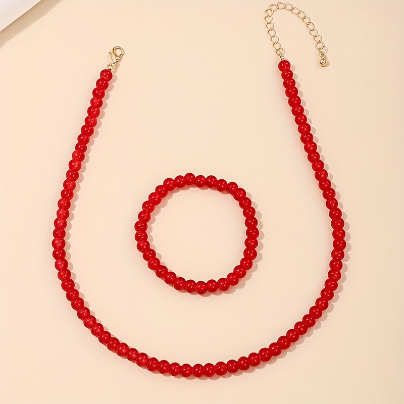 

Red Beaded Necklace And Bracelet Set, Elegant Simple Design, Women's Fashion Jewelry - Perfect For Mother's Day And Daily Wear