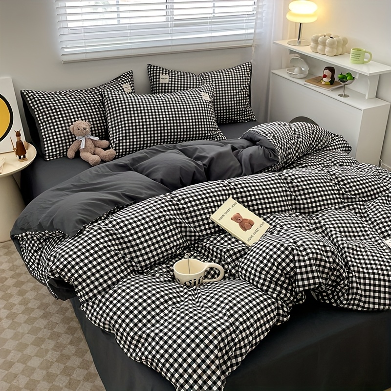 TEMU 4pcs Ensemble de Couette (1 Housse de Couette + 1 Drap + 2 Taies d'oreiller, Noyau de Couette), Ensemble de Literie Imprimé à Carreaux , Housse