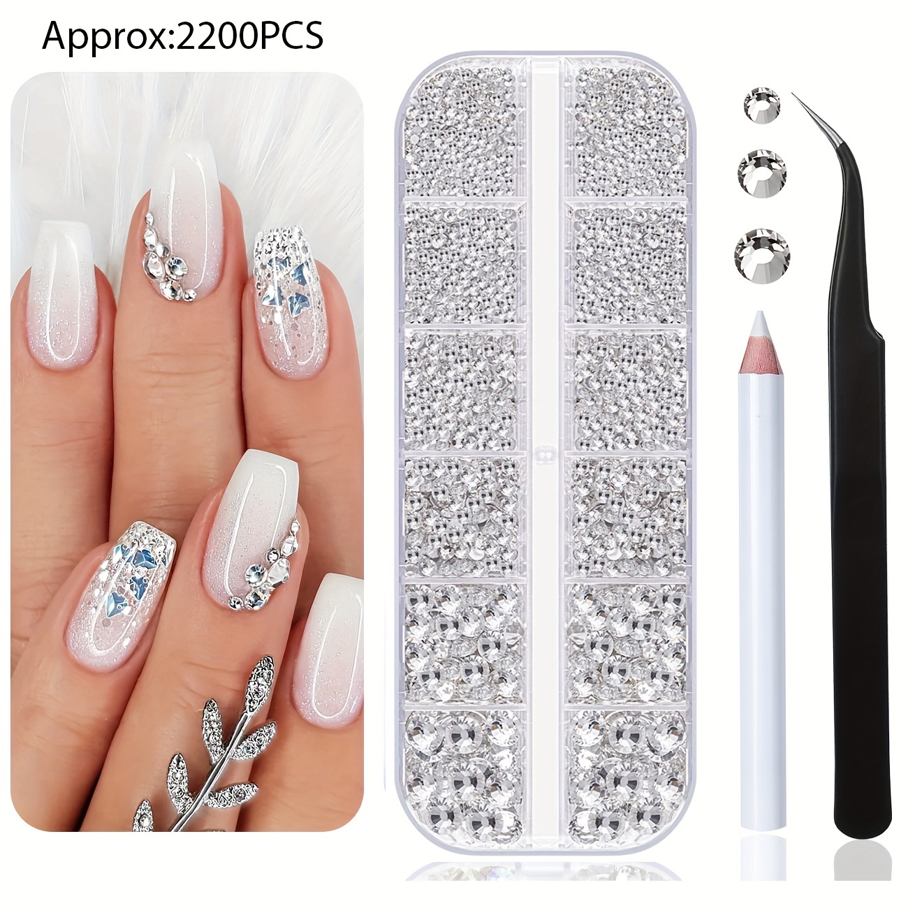 Image of 2200pcs Of Flat-back White Rhinestones With Clear Rhinestones, With A Storage Box, 6 Sizes, Suitable For Nails, Arts And Crafts, Eye Makeup, Diy Crafts, Jewelry Making, Etc.