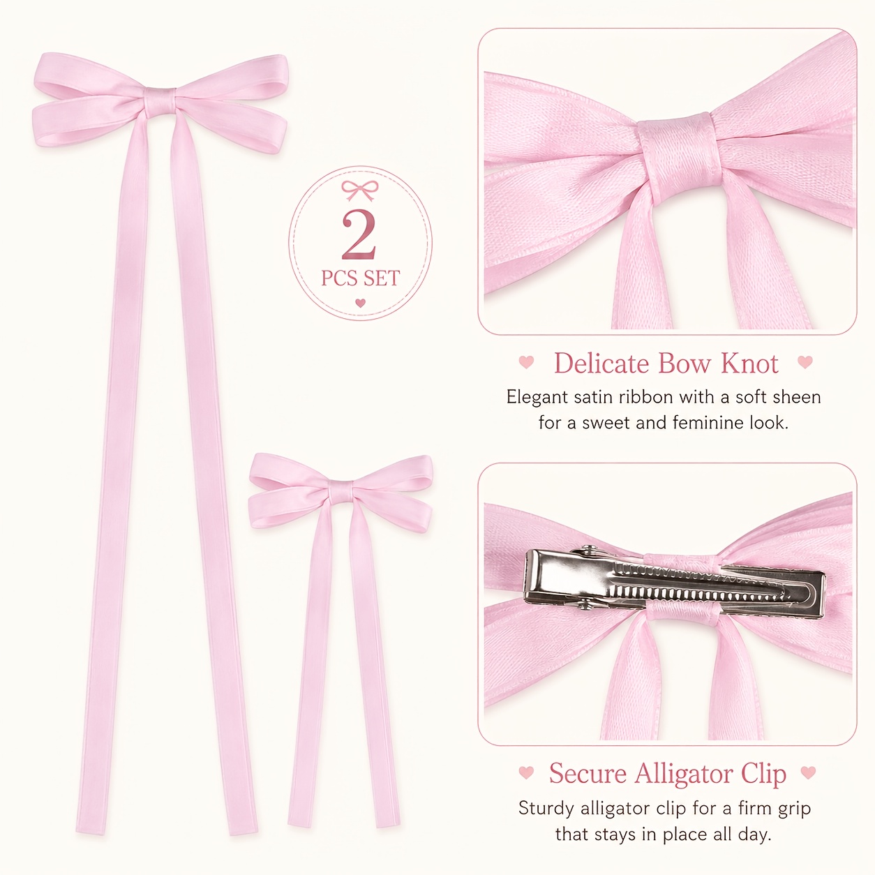 2pcs Long Ribbon Bow Hair Clips for Women, Elegant Barrettes