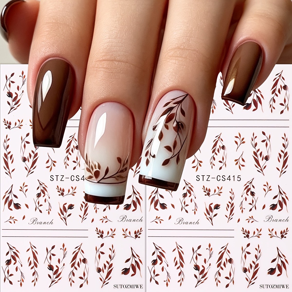 TEMU Lot de 2 autocollants pour ongles vintage marron à motif de branche et de feuille, autocollants adhésifs de d'automne, décalcomanies douces de