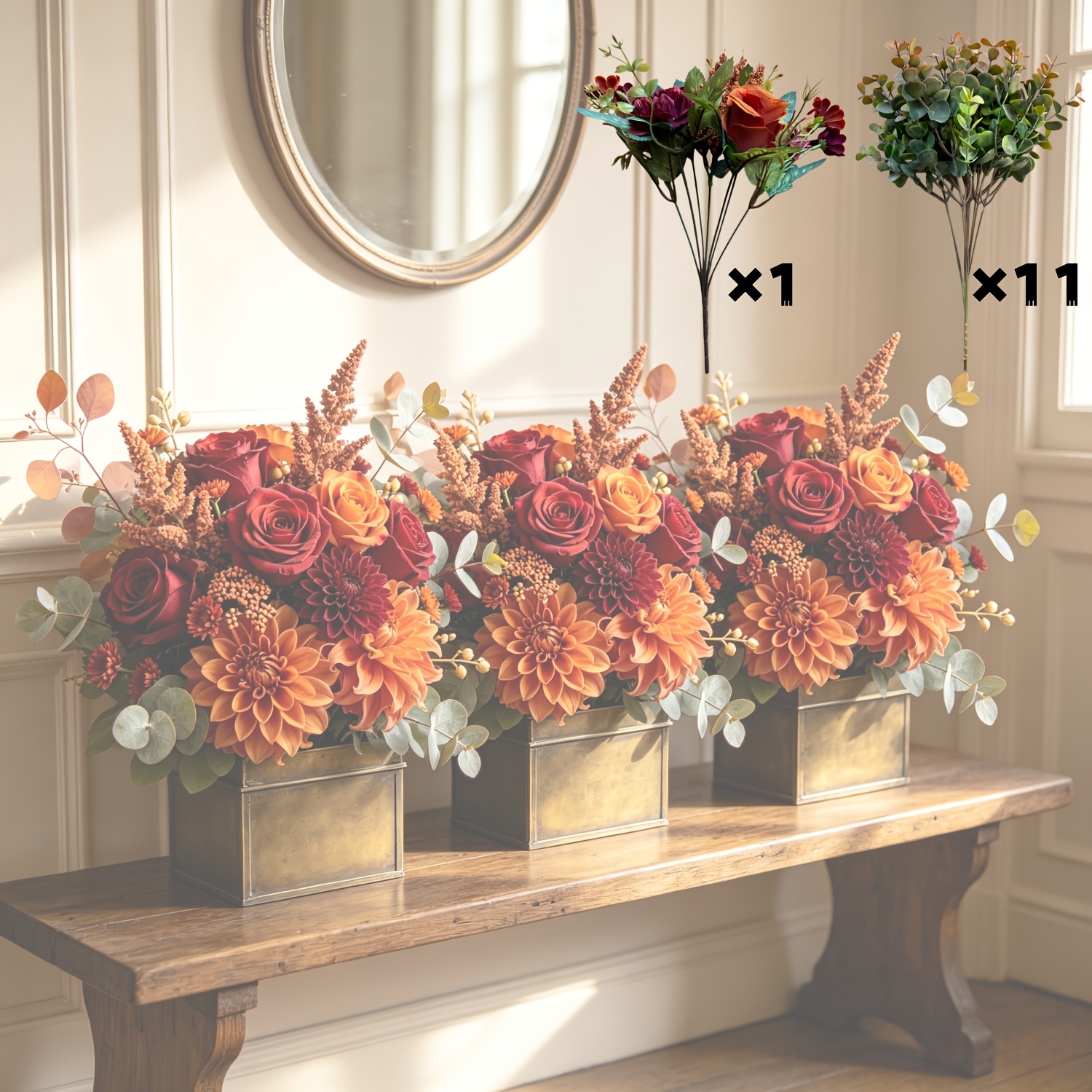 TEMU High-end Vintage Autumn Artificial Flower Bouquet - Vintage Distressed Texture - Autumn Colors - 12pcs - Suitable For Home Decor - Holiday Decor