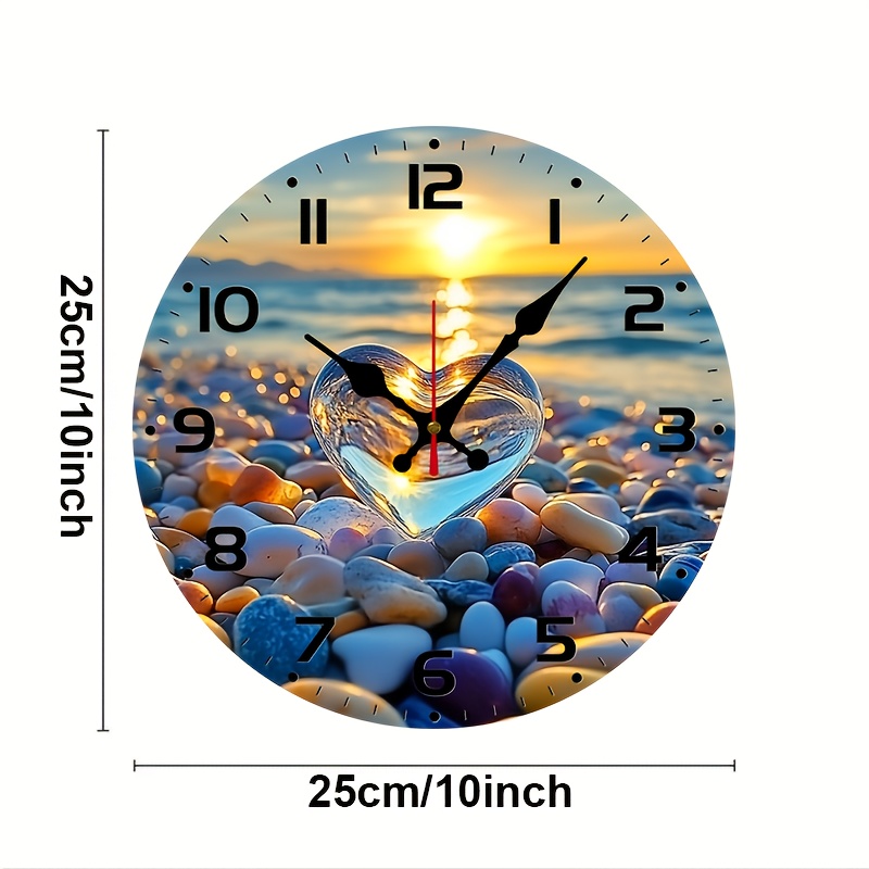 TEMU 2d Flat Wall Clock, 1pc Themed Love Heart Glass & Seaside Stones - 10inch Wood Veneer Europe And America Style Round Silent Clock - Perfect For