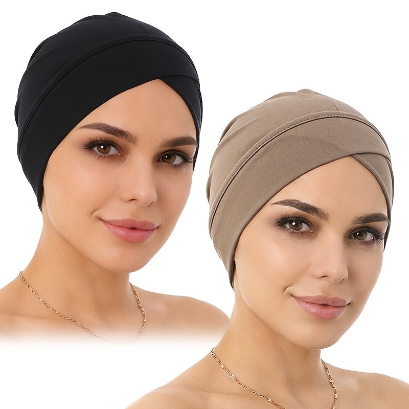 TEMU 2pcs Ramadan Base Cap Set, Elastic Cross Headscarf Cap
