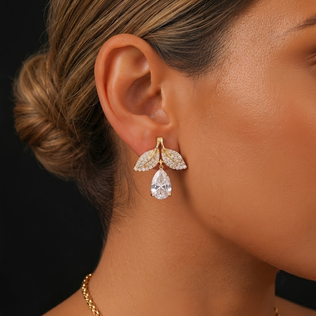Luxurious Leaf-inlaid Teardrop Cubic Zirconia Stud Earrings