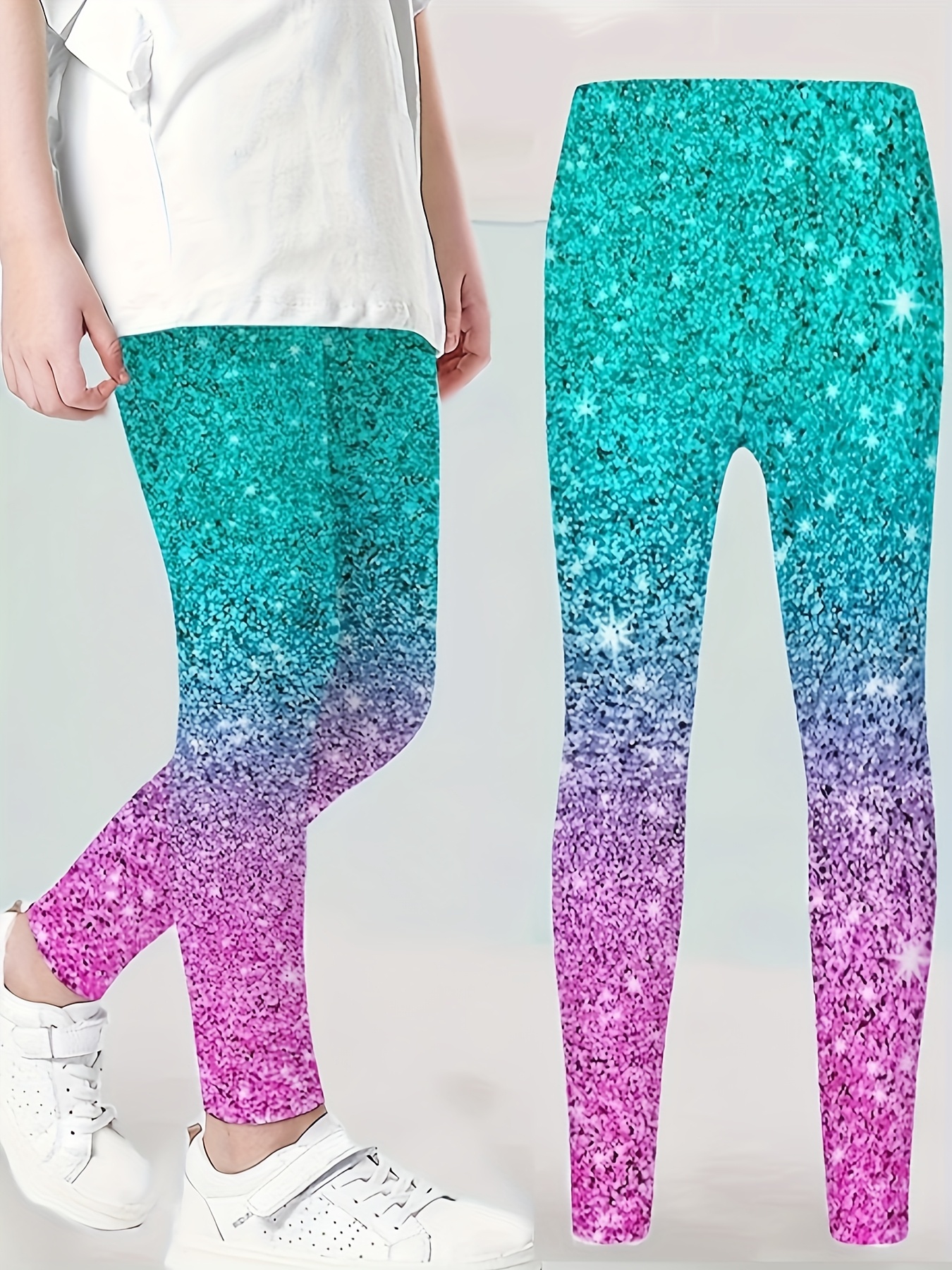 3pcs Girls' Glittery Gradient Leggings - Soft & Breathable 3D Star Print Casual Pants in Teal, Purple & Blue - Machine Washable, All-Season Comfort - Perfect for Parties, Gifts & Casual Attire, Comfortable Fit, Cute Pants