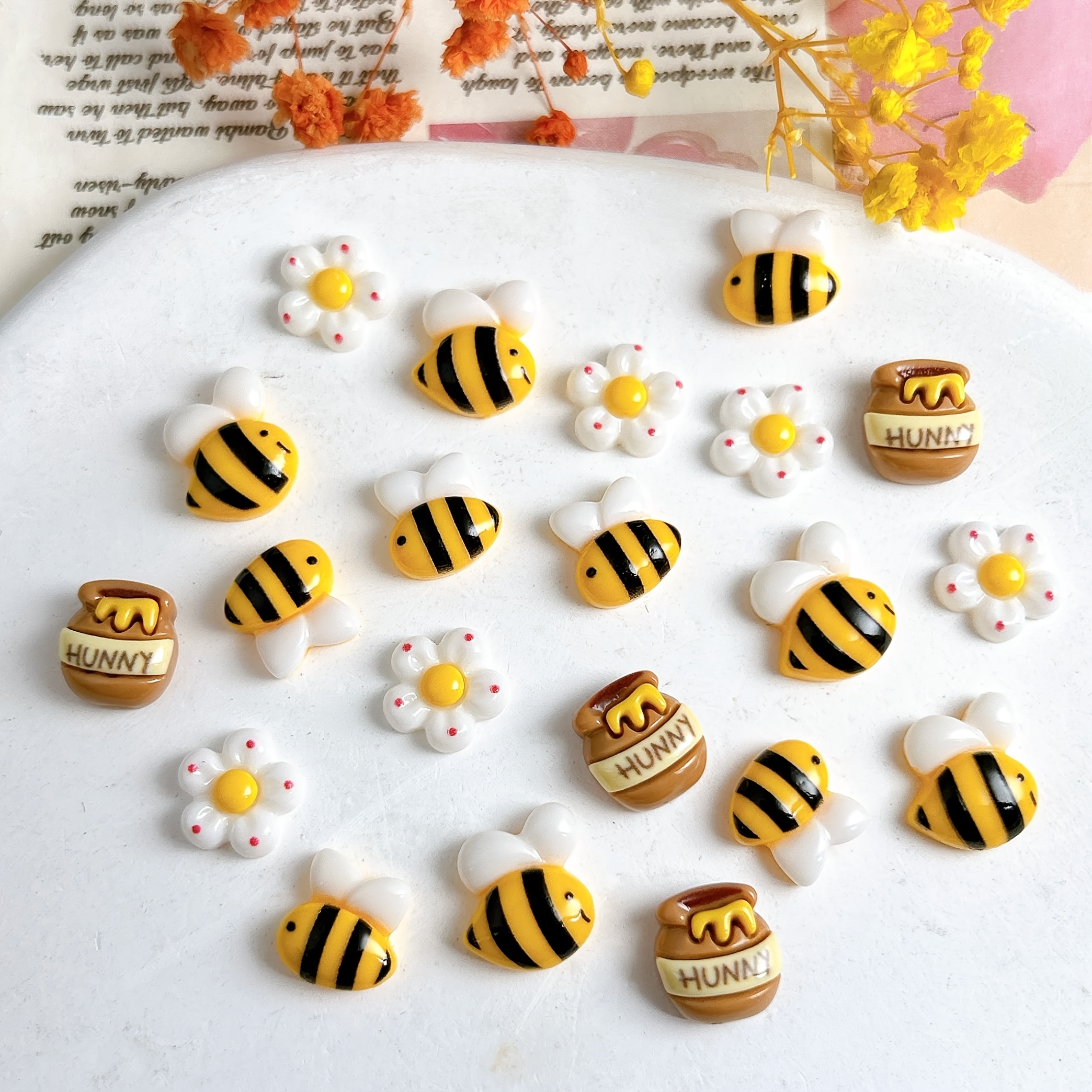 /100pcs Creative Cartoon Bee Honey Jar Resin Nail Charms, Five-petal Flower Nail Art Decorations, Suitable For Diy Nail Art, Scrapbooking, Jewelry Making, Craft Gift Accessories, Patterns Random