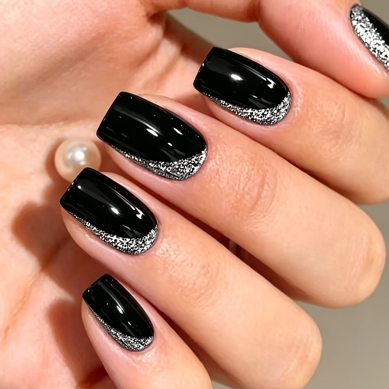 TEMU 24pcs Medium Square-shaped Press-on Nails, Fake Nails With Silvery Glitter Tip Design, Reusable, For Women' Wear And Party Nail Art Decoration