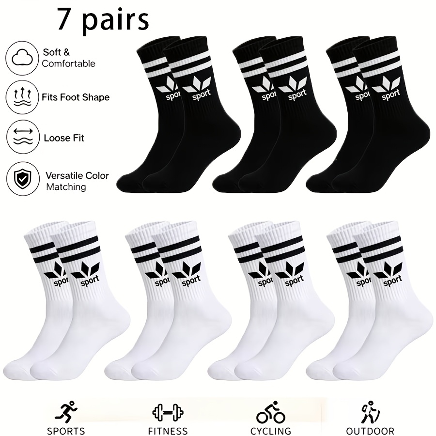 TEMU 7-pair Couple's Socks, Women's Socks, Men's Socks, Geometric Sport Casual Running Socks, Black And White Mid-calf Socks, Trendy Mid-calf Striped