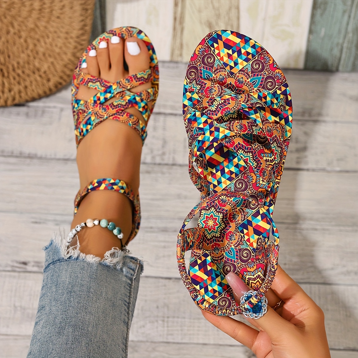 1 pair womens sandals open toe slip on roman floral sandals with non slip tpr sole breathable fabric for beach parties everyday summer shoes womens fashion footwear beach footwear vibrant colors   casual wear Product details 0