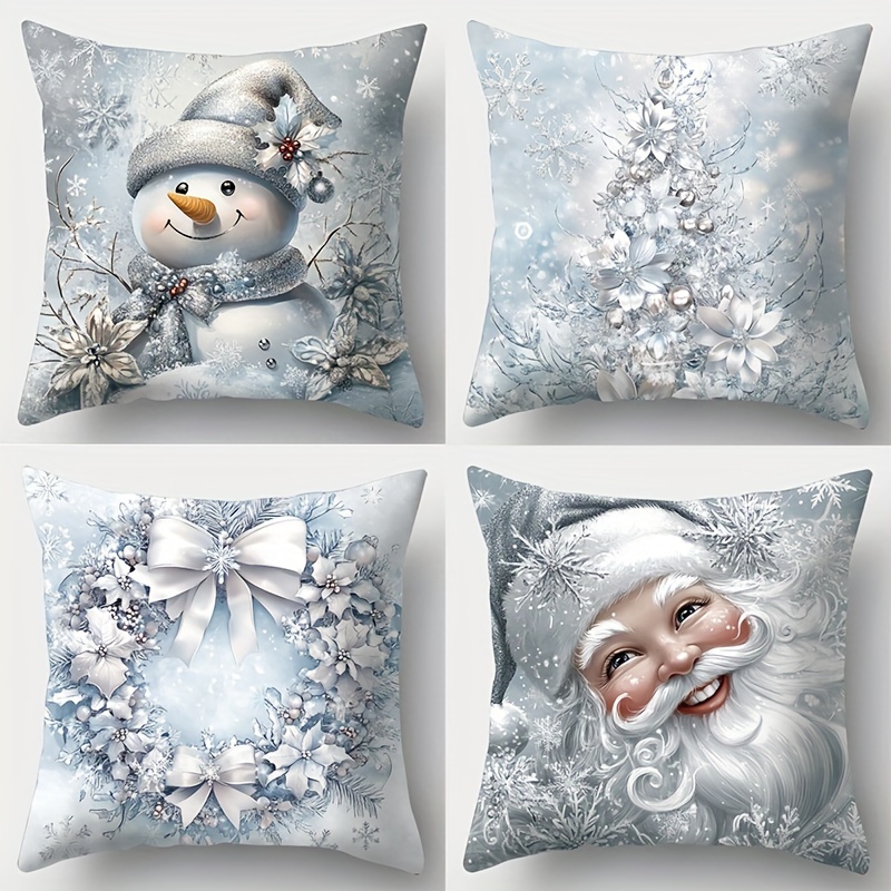 

4pcs Christmas Pillowcase Set - Contemporary , 17.7"x17.7", Silvery Santa /snowman/christmas Tree , , Zippered, , For & Sofa Decoration, /bedroom Use, Comfortable And