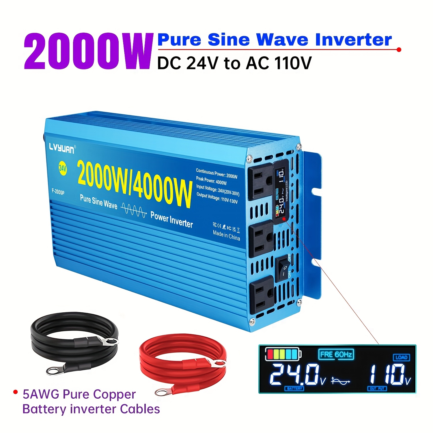 

2000 Watt Inverter Pure Sine Wave Inverter12v To 110v Ac With 3 Ac Sockets, Led Display, Car Inverter Solar Power Inverters For Camping Vehicles Home Rv, Car Accessories, Christmas, Without Battery