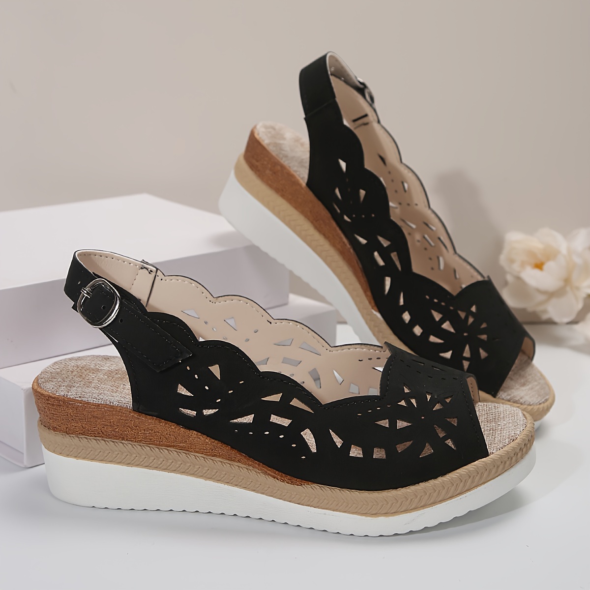 floral hollow sandals women s ankle buckle strap platform detalles 6