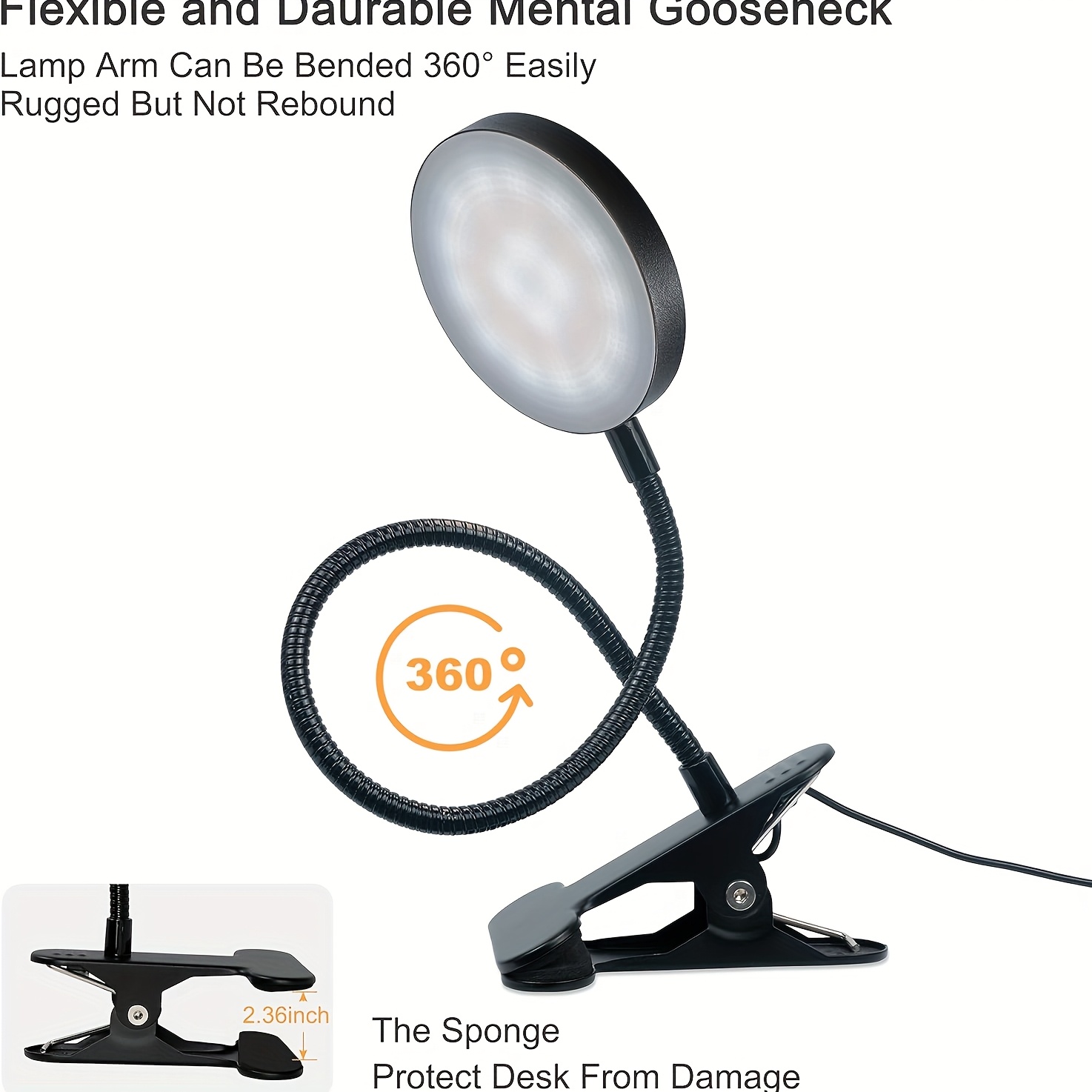 Usb- Clip-on Desk Lamp With Usb- Operation, 10-level Dimmer & 3 Color , 360° Adjustable Gooseneck Arm, Usb & Play Suitable For Bedside, Desk,, Headboard - Compact For Small Spaces
