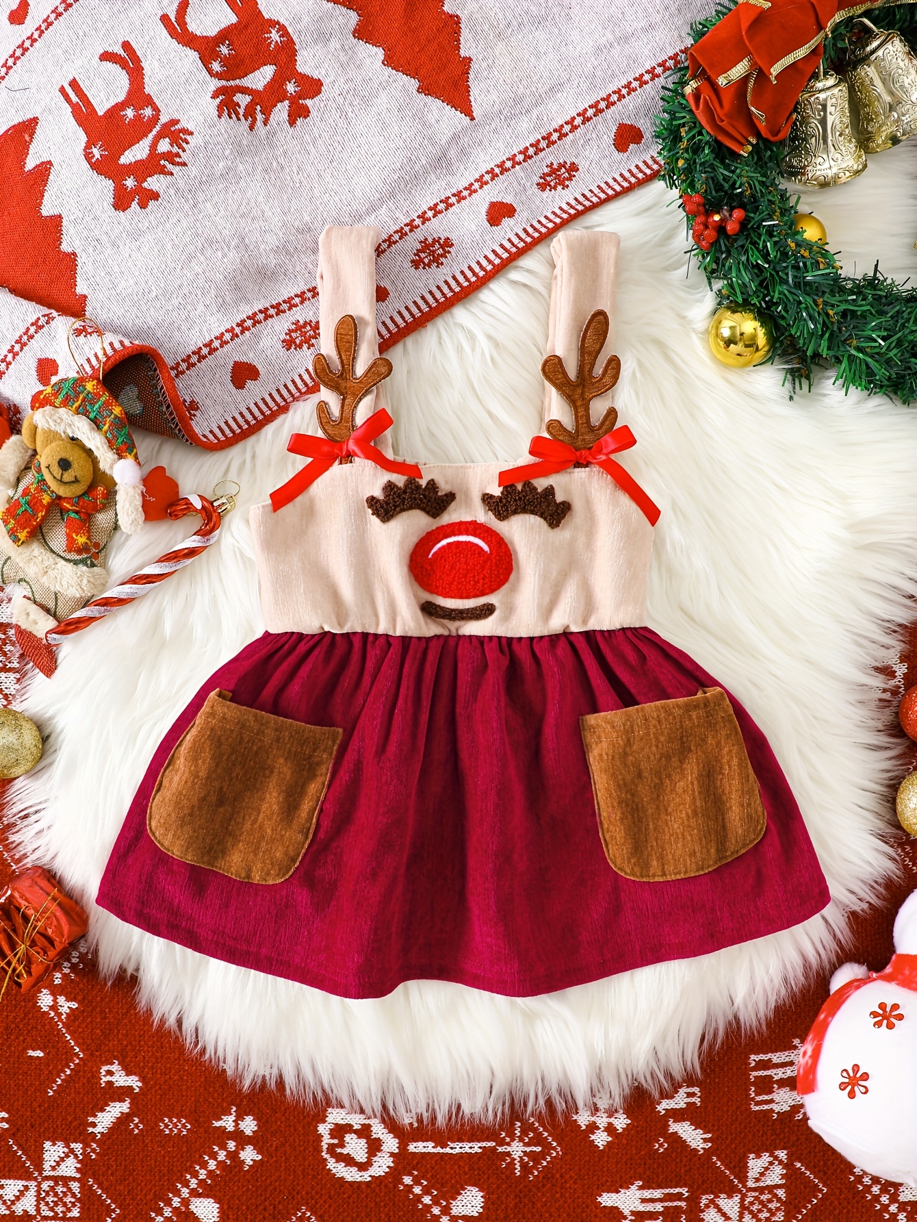 Autumn Winter Christmas Cute Girl s Outfit, Adorable Reindeer Pattern Dress with Embroidery   Brown Pockets - Perfect Gift for Little Girls, Christmas Dress, Festive Clothing, Holiday Wear,   Design, Machine Washable,  , Girls Clothing, Holiday Wear, Fashion