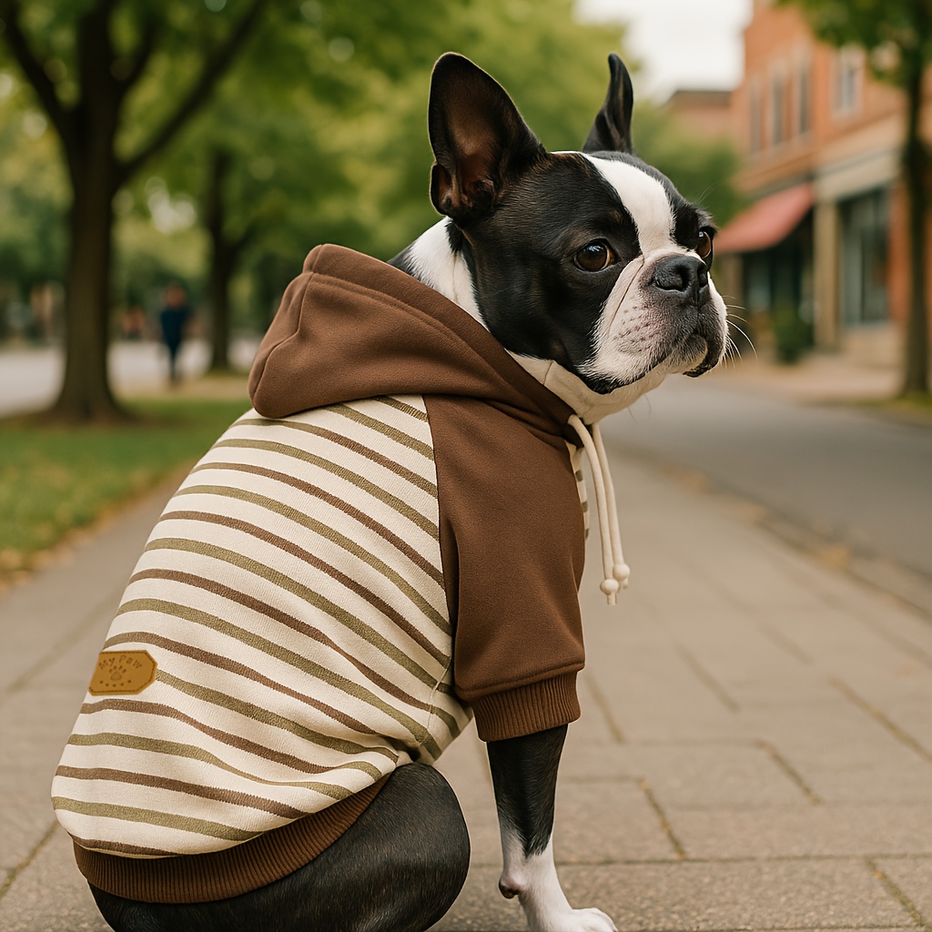 1pc Classic Striped Dog Hoodie Color Block Sweatshirt With Leather Label Casual Pet Clothes Outfits For Small To Medium Dogs