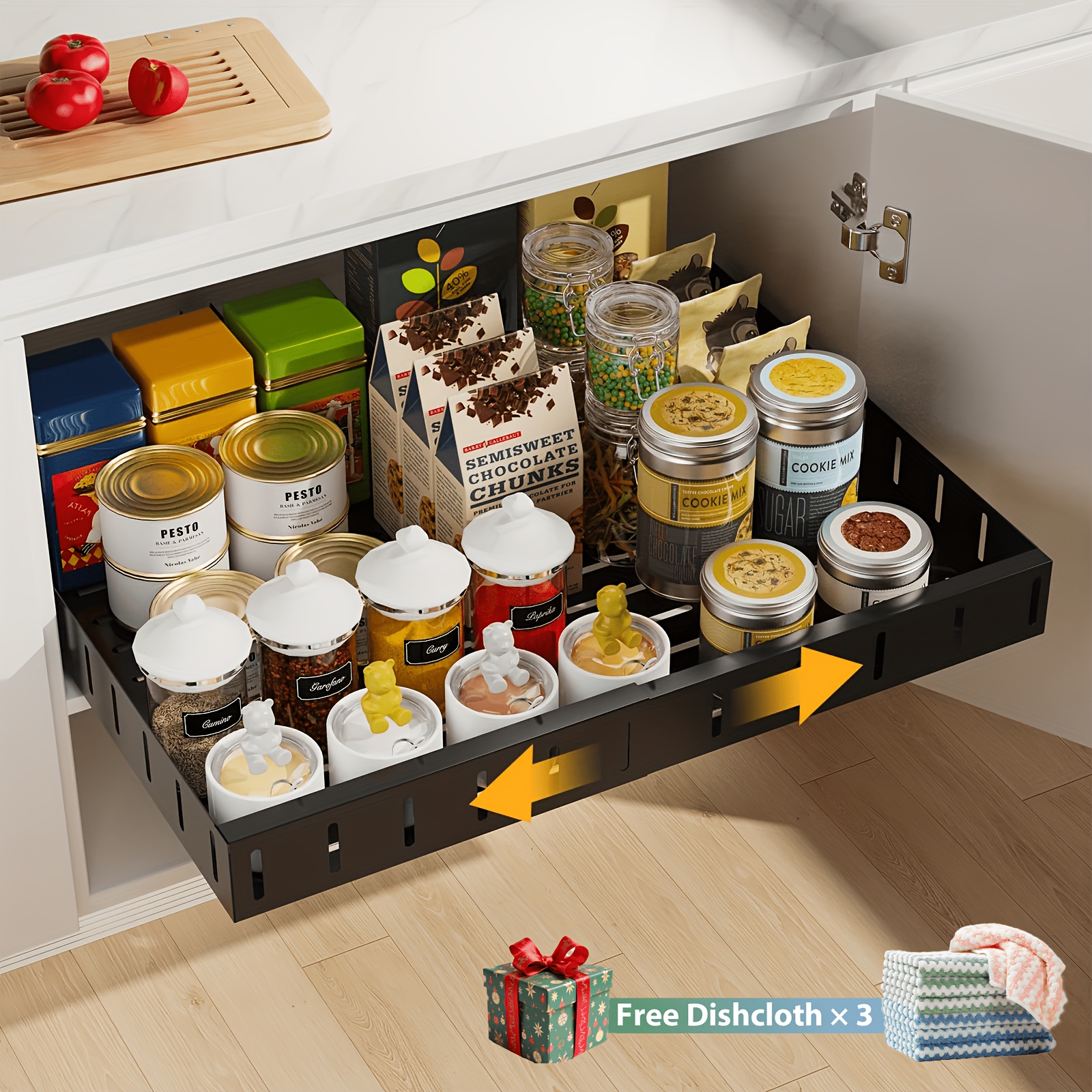 Extendable Kitchen Drawer, Pull Out Drawers, Kitchen Cabinet Organizer, With 3 Rails 31-52 Cm Wide X 42 Cm Deep X 7 Cm High No Drilling Enthusiasts Storage (black White), Utility Racks
