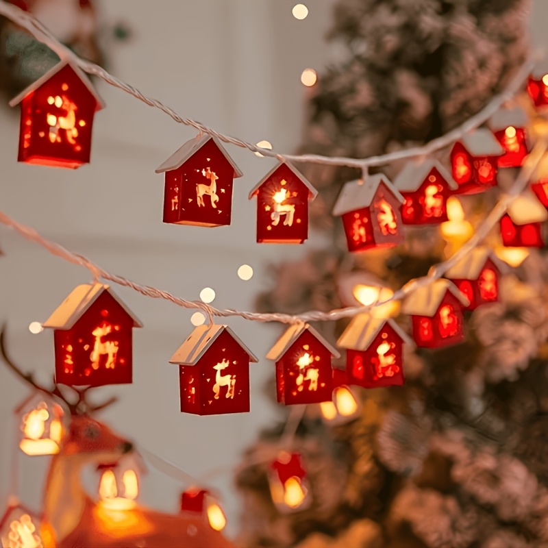 TEMU 1pc Led Christmas Red White Hollow House String Lights, Indoor Bedroom Room Holiday Decor Atmosphere Light String, Suitable For Family Parties,