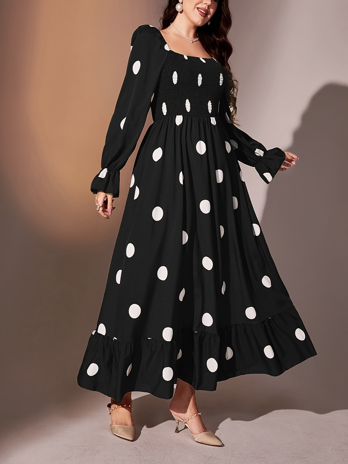 Plus Size Polka Dot Dress with Ruffle Hem and Sleeves - 100% Polyester Square Neck Elegant Maxi Dress with Belt Detail - All-Season Non-Stretch Woven