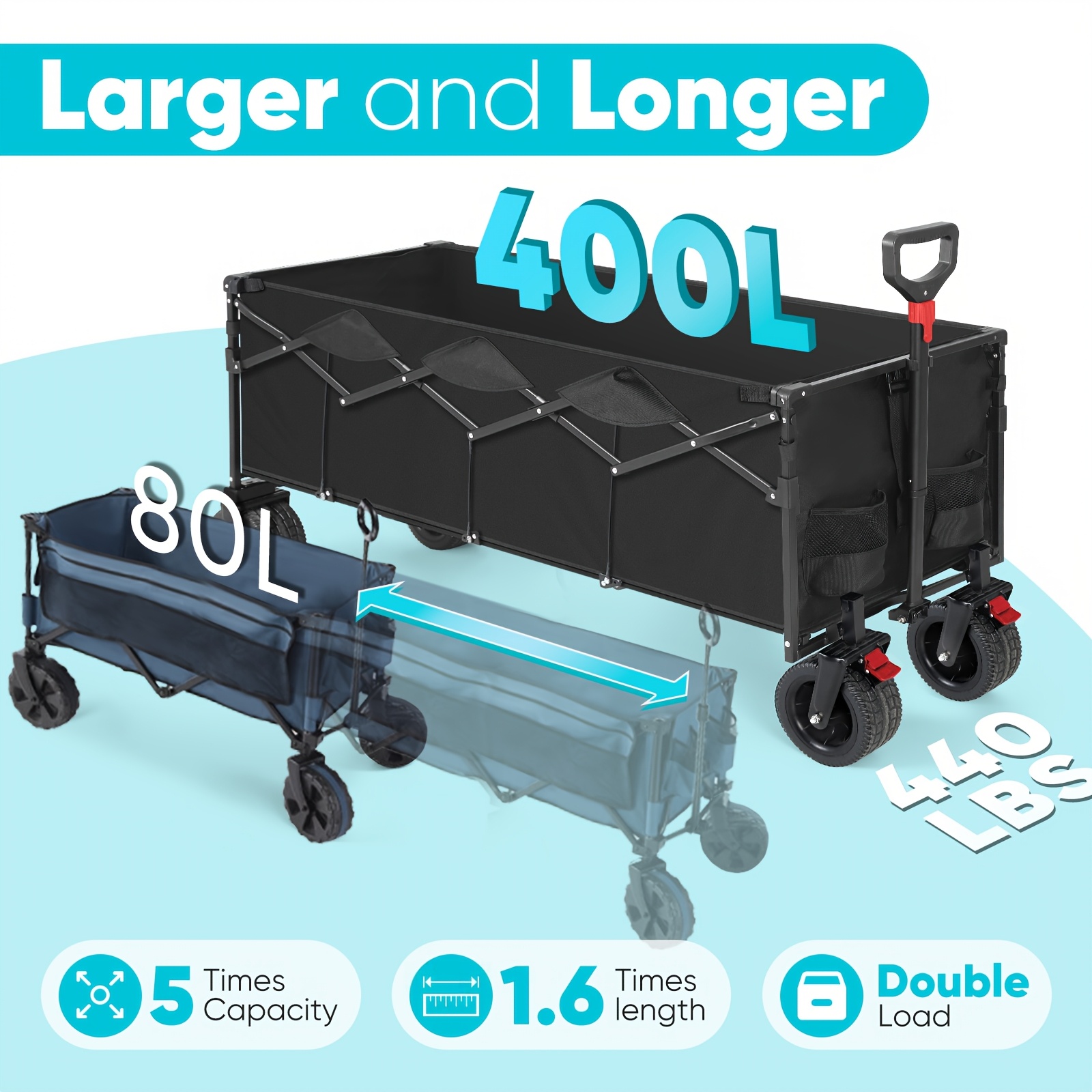 Collapsible folding garden cart with extended tailgate, 500L large capacity, heavy-duty steel frame, supports up to 440 lbs. Equipped with oversized all-terrain wheels for smooth movement on sand, grass, and gravel. Ideal for shopping, camping, garde