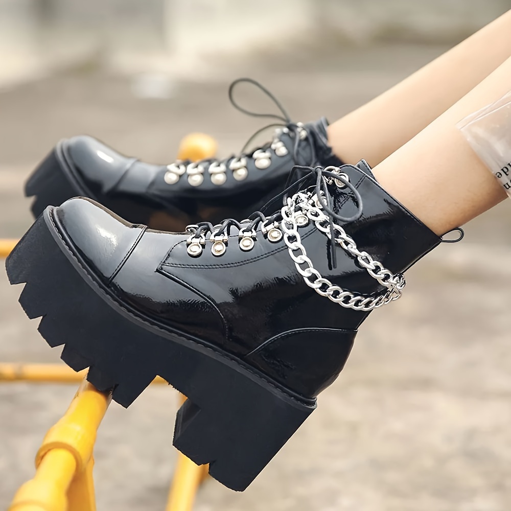 

Fashion Chain Goth Platform Boots For Women, Lace Up Chunky Heeled Studded Combat Motorcycle Ankle Booties