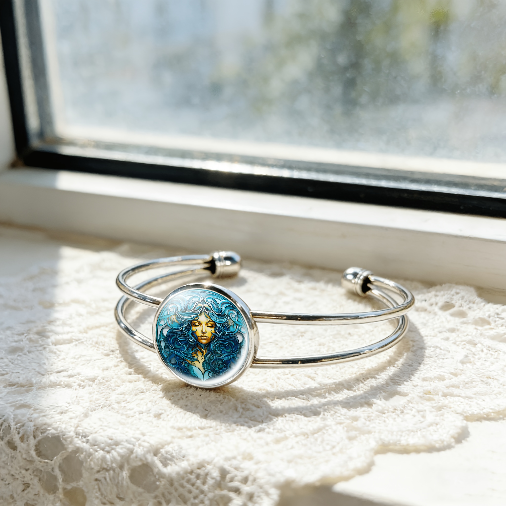Women's Adjustable Open Bangle with Circular Time Gemstone Inlay