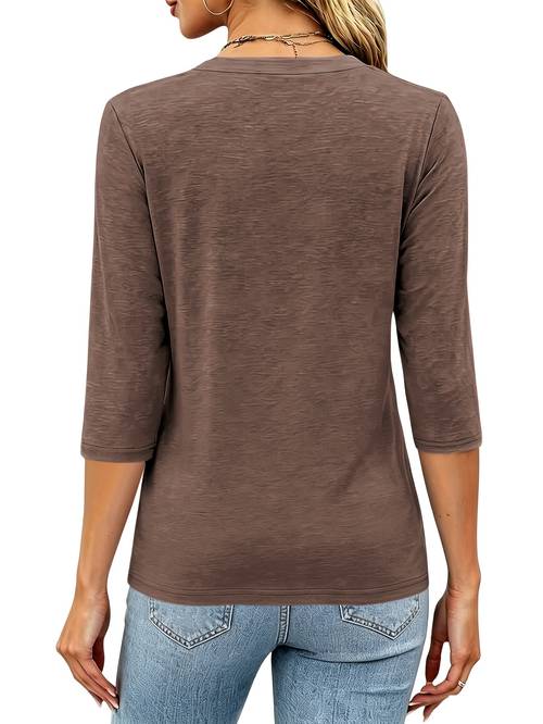 new autumn winter casual fashion solid color v neck button three quarter sleeve t shirt for women
