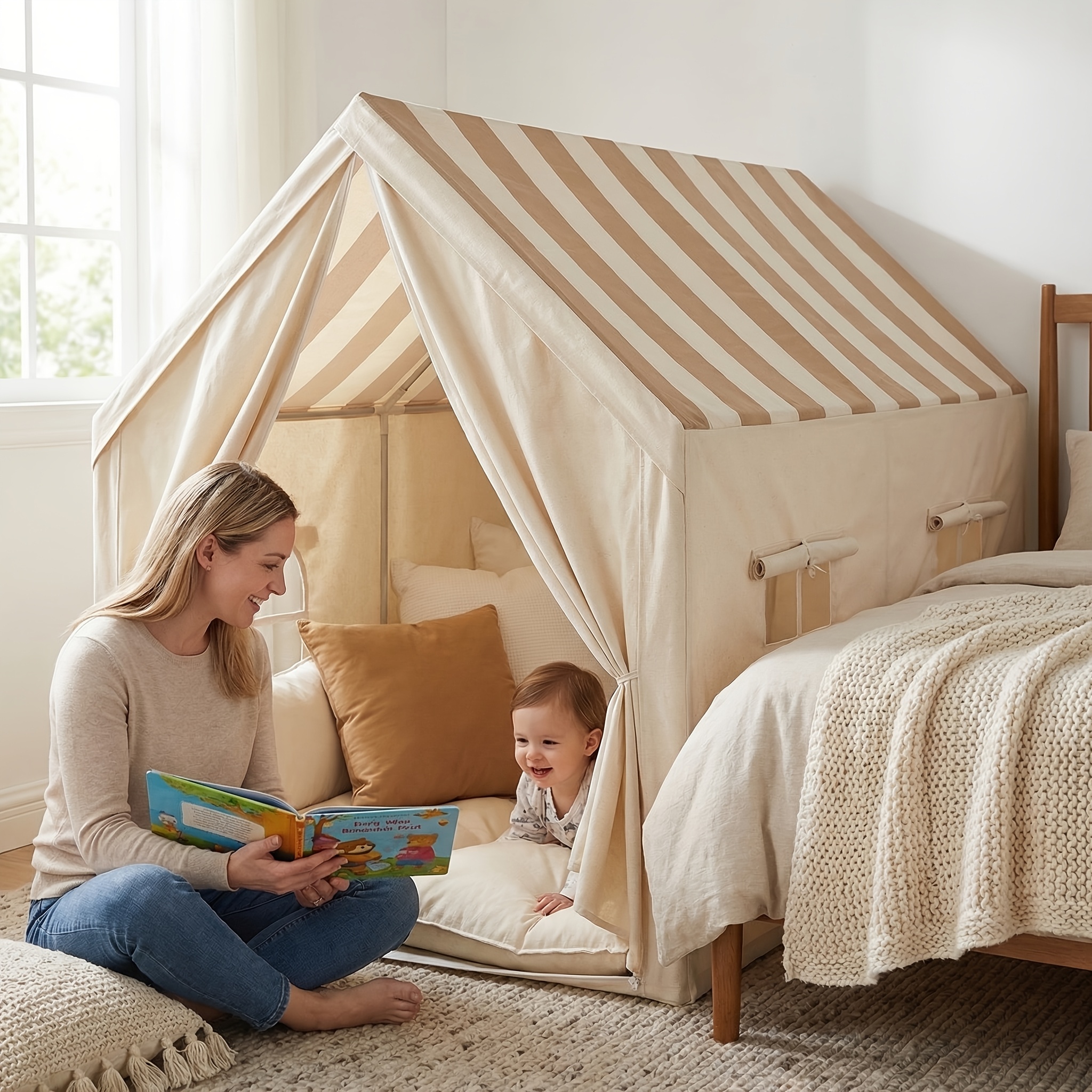extra großes und breitgestreiftes kinder spielzelt, geheime geheimbasis spielhaus,   für rollenspiele und umzug ins bett, baby- und kleinkind-indoor-spielzelt (einzelt, keine dekorationen enthalten)