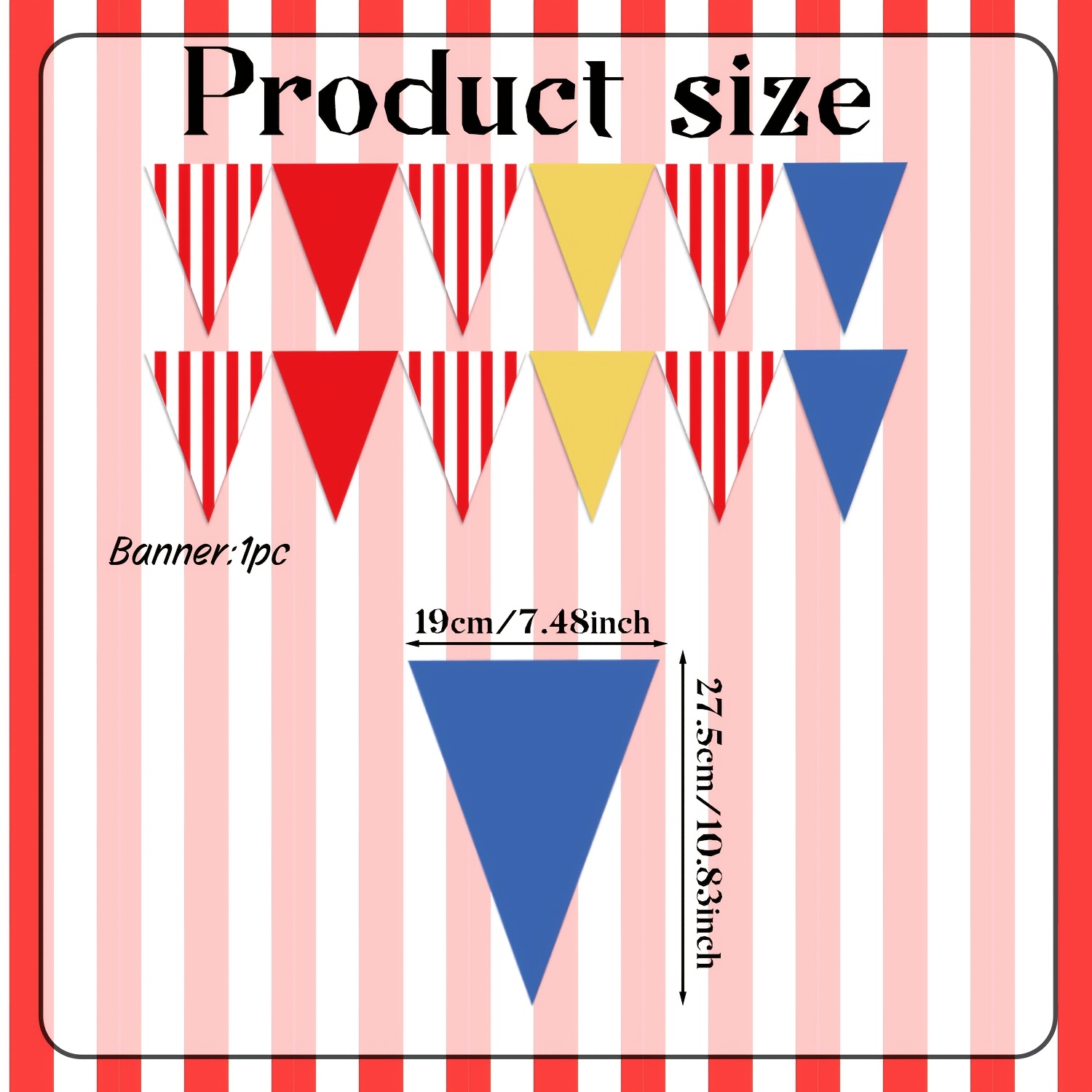 TEMU 1pc Red, Yellow, And Blue Color- Red And White Striped Printed Paper Pennant. The Flag Features Alternating Red And White Vertical Stripes And