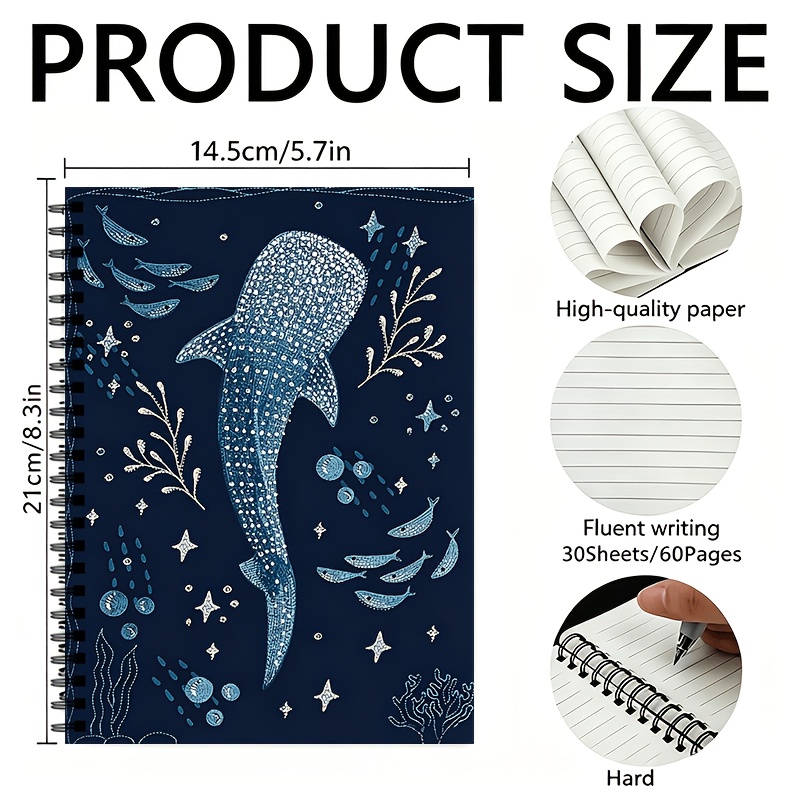 TEMU 1pc Whale Shark Spiral Notebook - (60 Pages) Of Lined Paper, Design With And Starfish Patterns. Ideal For Journaling, Study, Or Work Notes,