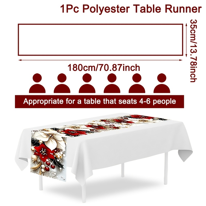 TEMU 1pc Red White Poinsettia Tablecloth Suitable For Christmas & New Year, Rectangular Table Cover With Poinsettia Prints, Machine-made Holiday
