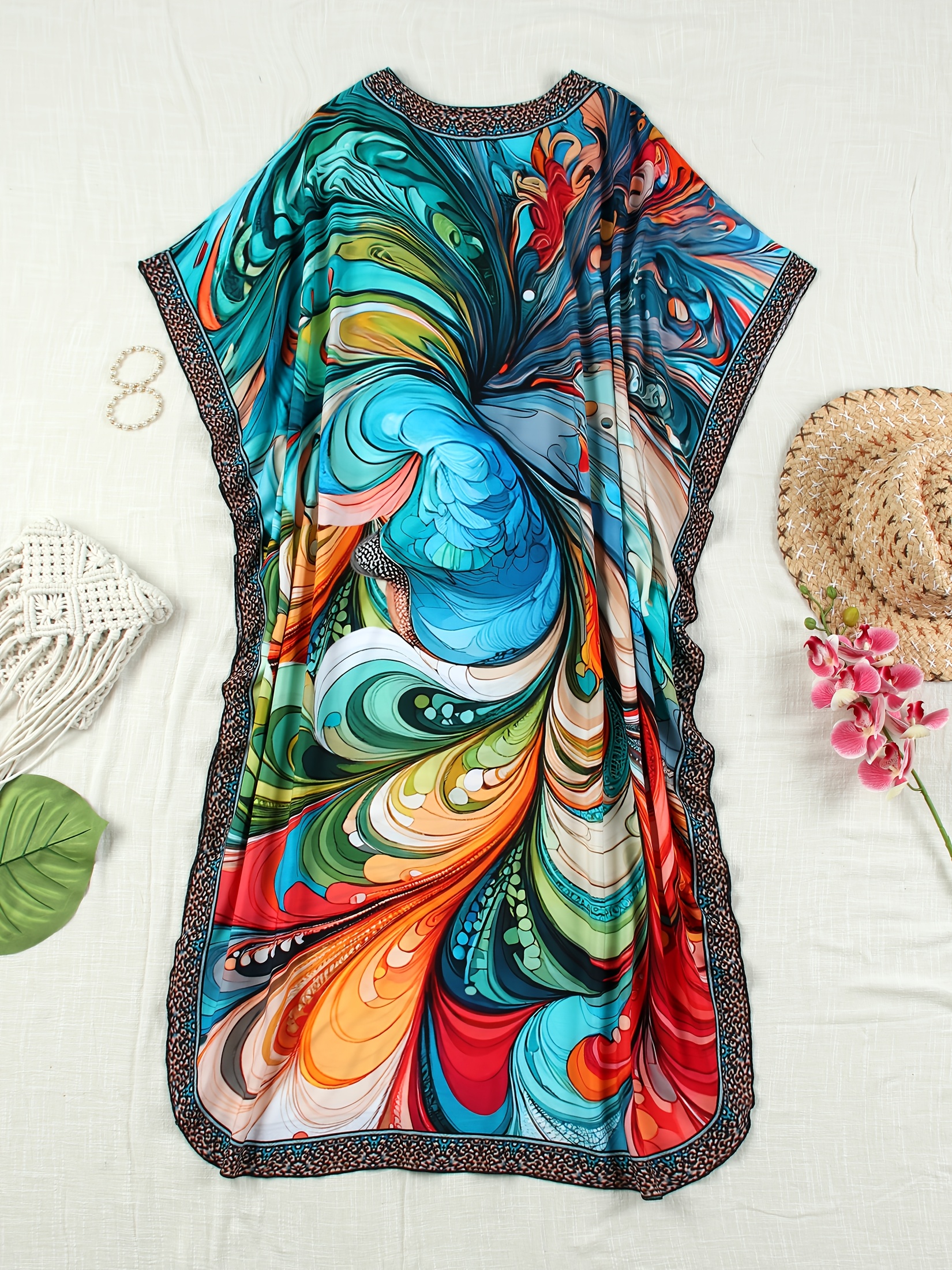 Robe Kaftan Grande Taille à Encolure en V - Imprimé Floral Multicolore Éclatant, Robe Longue Ample pour Femme, Idéale pour la Plage et Sorties Estivales Décontractées, Pareo de Plage | Robe à Imprimé Vif | Tissu Fluide, Robes de Plage