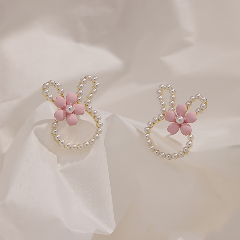 1 pair cute bunny ear stud earrings with pink flower imitation pearl accents   hypoallergenic earrings for everyday party vacation whimsical cartoon jewelry gift for girls party accessories   accessories delicate     for teenager Product details 2