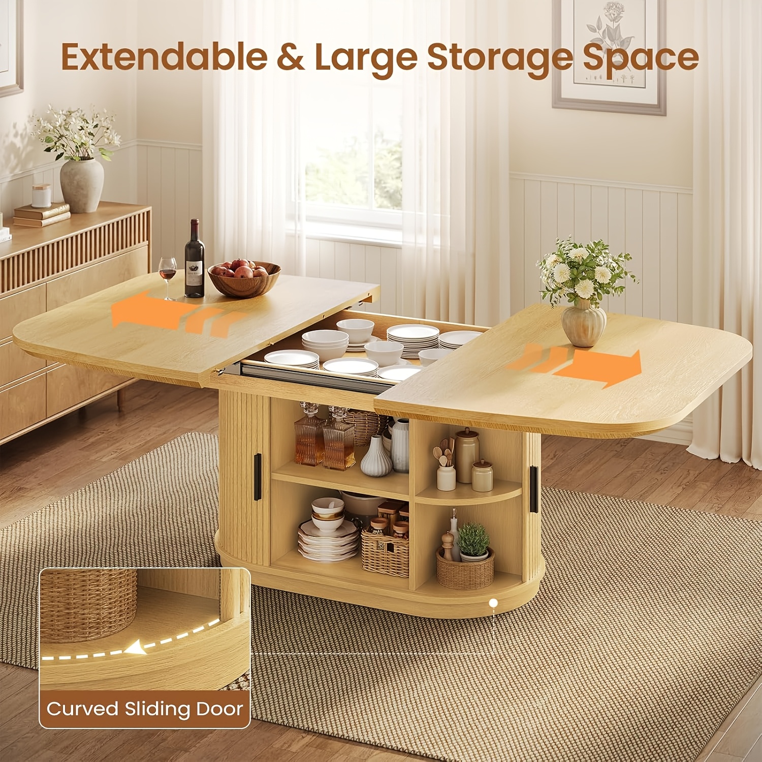 47''-63'' Extendable Dining Table Suitable for 4-8 People, Expandable Modern Fluted Kitchen Table with 2-Tier Storage Shelf, Space-Saving Folding Table for Small Apartments, Folding Mechanism & Natural Wood, Assembly Required