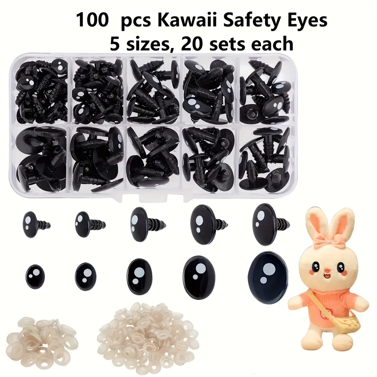 

100pcs Cute Safety Eyes, 5 Sizes, Craft Eyes, 20 Sets Each, Black Stuffed Animal Eyes, Kawaii Eyes With Washers, Oval Resin Eyes For Puppet Crochet Plush Animal Making And Doll Diy
