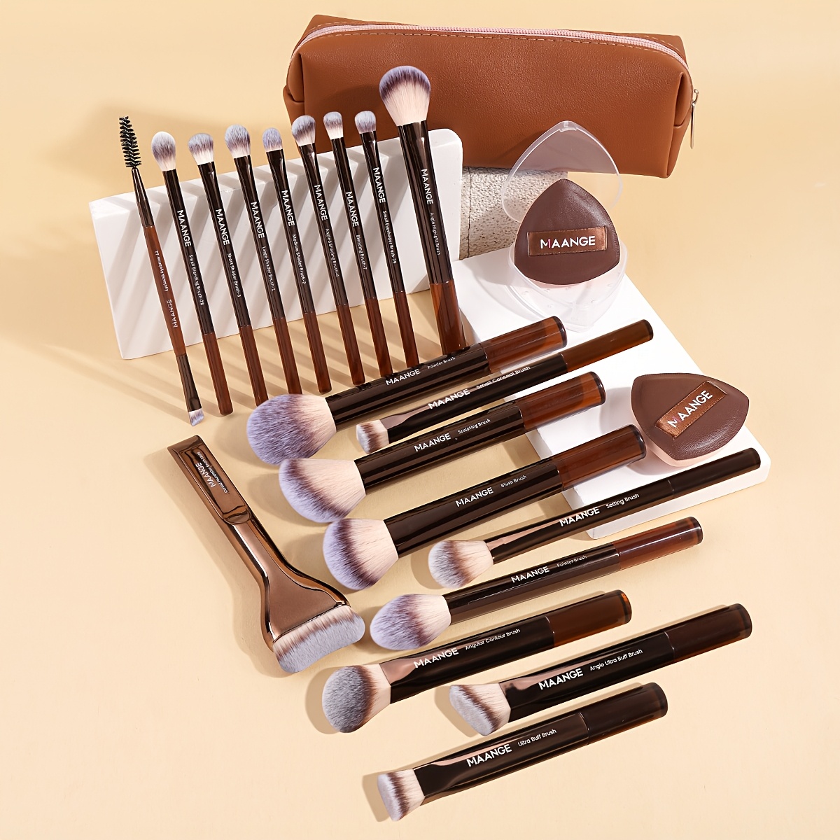MAANGE 22-Piece Makeup Brush Set, 19 Makeup Brushes + 2 Sponges + Makeup Bag, Portable Makeup Tool Kit, Foundation Brush, Blush Brush, Eyeshadow Brush, Beginner-Friendly Daily Face Makeup Tools, Gift for Women, Christmas Gift