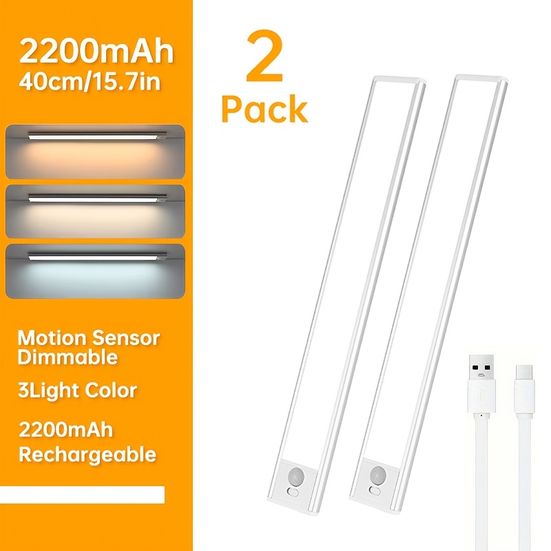 TEMU 2-pack Magnetic Led Under-cabinet Sensor Lights | Metal, Usb Powered, 3-level Adjustable Brightness, Motion Sensor, Button Control, Long-lasting