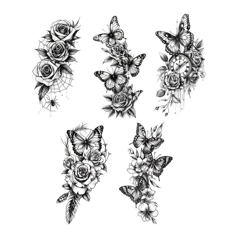 Image of 5pcs Black Waterproof Temporary Tattoo Stickers | Gothic Style With Rose, Lily, Peony, Web, Clock, Fringe Patterns | Body Art Arm Fake Tattoos, Sleeve Design For Women And Men, Yoemtat Brand
