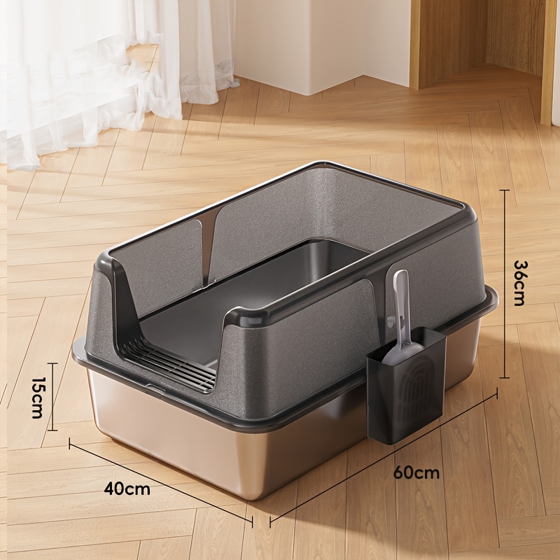 Large Stainless Steel Cat Litter Box With Lid | 12" High Sides, , Leak-proof, Odor Resistant, Easy Clean, Enclosed Tray, Includes Scoop, , Without Battery