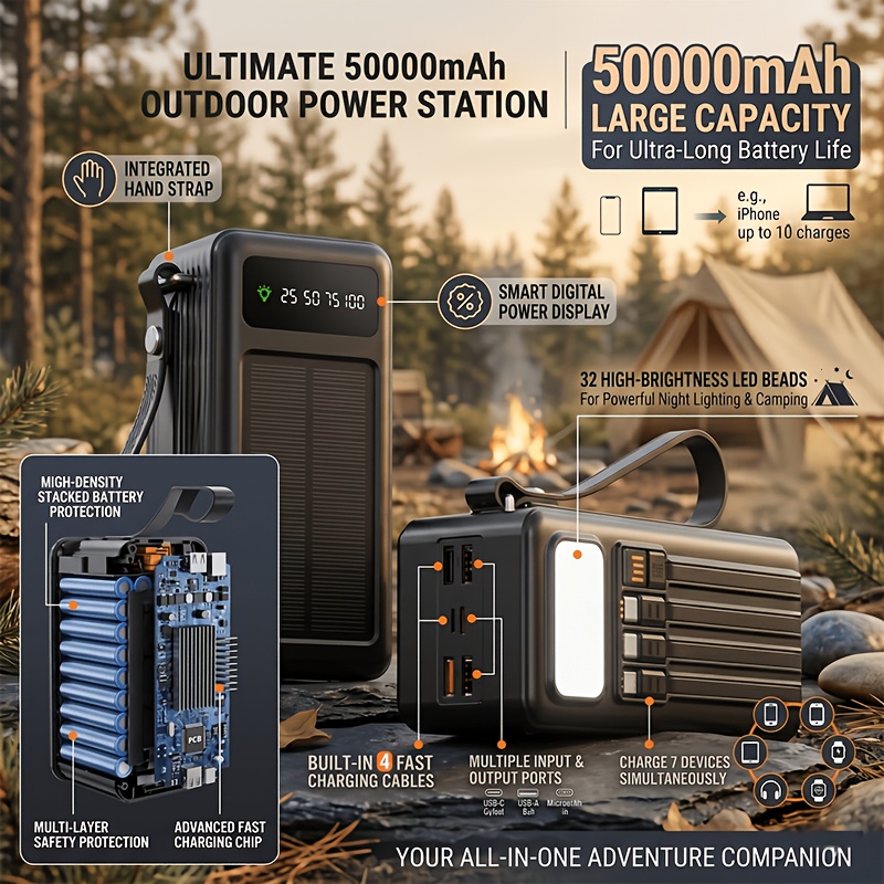 TEMU 50000mah Solar Power Bank, Portable Charger With Built-in 4 Fast Charging Cables, External Battery Pack With 32 Led Night Lights And Hand Strap,
