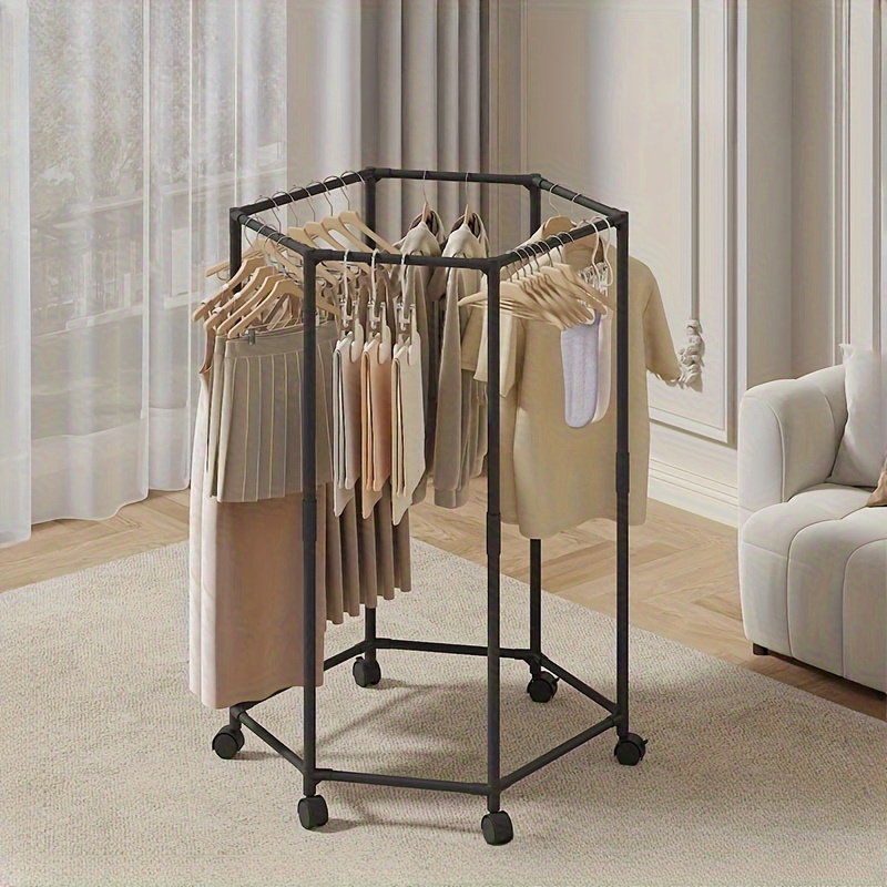 E-shop Sechseckiger, drehbarer Kleiderständer mit Rädern - Robuste 16-mm-Metallröhre, freistehender Hängeständer, tragbares Design, effiziente