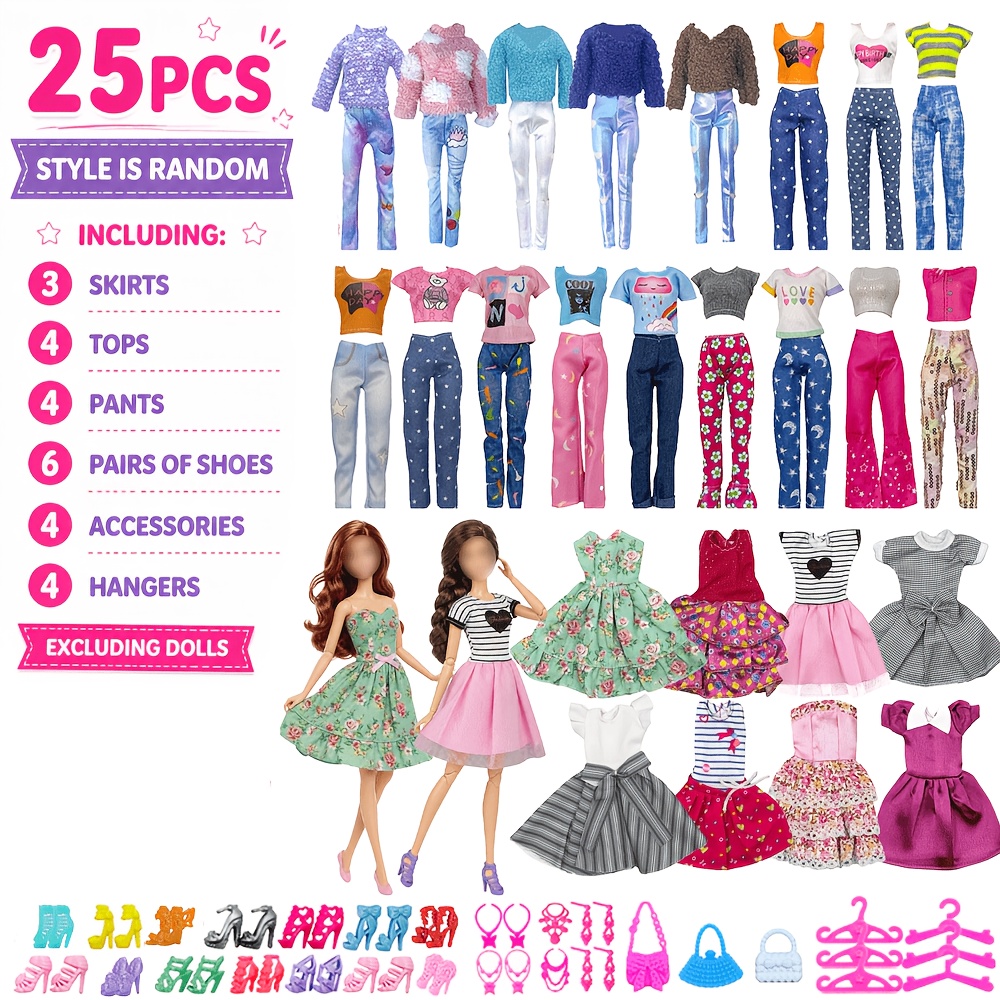 TEMU Pack Cadeau de Fête pour Poupées Multi-Articles | Lot de 25 Vêtements et Accessoires pour Poupées | Styles Aléatoires : 3 Robes + 4 Hauts + 4