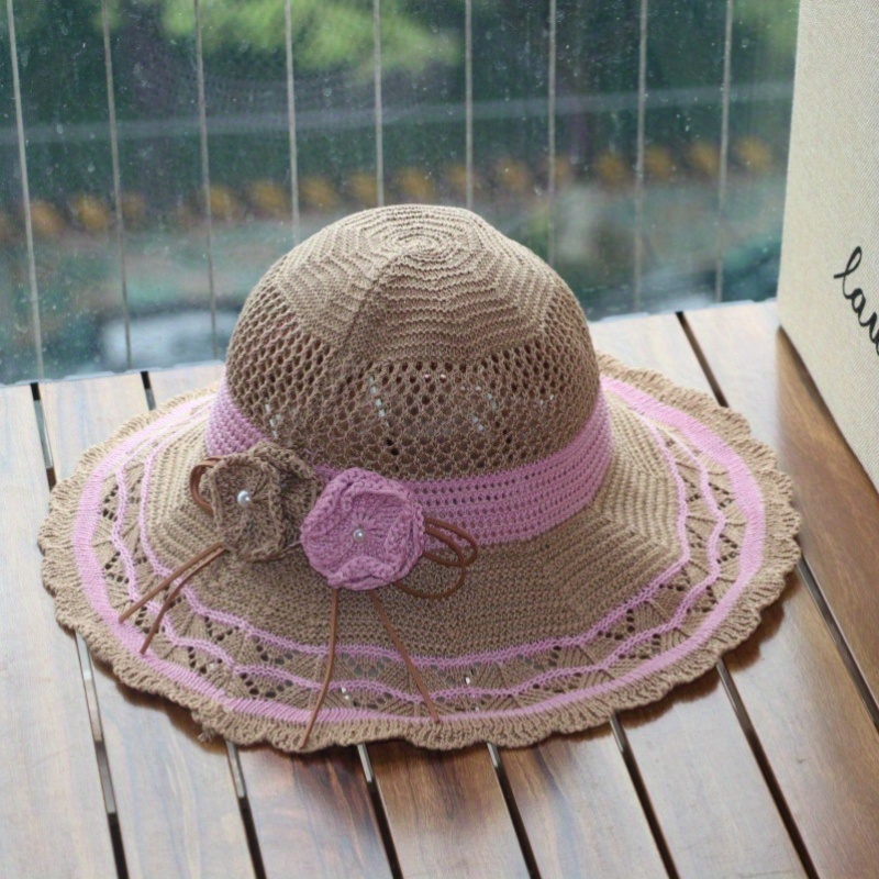 Elegant Beige Straw Hat with Pink Accents FOLD STRIPED BOW STRAW HAT BEIGE WITH PINK BAND – Riah Fashion main image 3