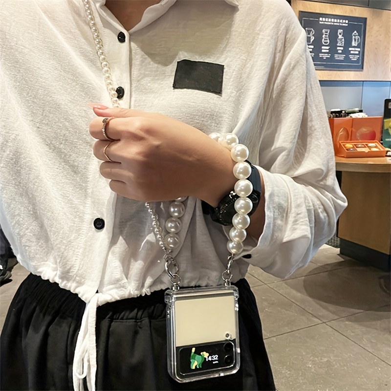 TEMU Phone Case: New Stylish Pearl Crossbody Shoulder Strap Chain Lanyard Folding Phone Case For For Galaxy Z Flip6 Flip5 Z Flip 4 3 Luxury Anti-drop