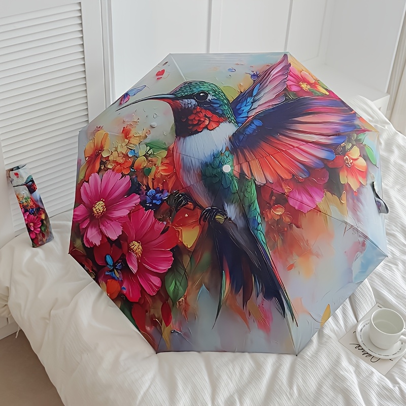 Image of A Vibrant Hummingbird And Floral Print Umbrella, Featuring Automatic Folding, And Shielding. This Sturdy And Durable Umbrella With Ribs Is Convenient For Outdoor Use And Makes A Great Holiday Gift