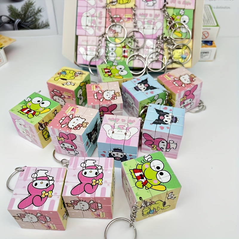 

Set Of Sanrio Kuromi & Hello Kitty Cube Keychains - Fashionable Abs Resin, With Metal Rings, Bag Accessories, Sanrio